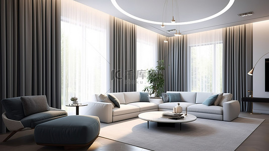 设计师布置的豪华公寓的时尚 3D 效果图，配有大窗帘