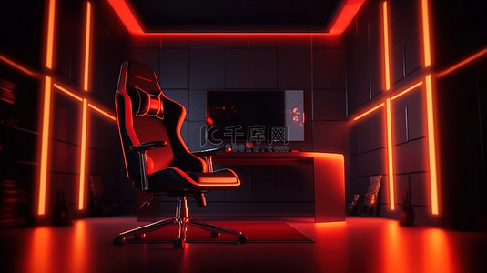 游戏室的高品质背景照片，配有 3D 渲染的电脑和椅子