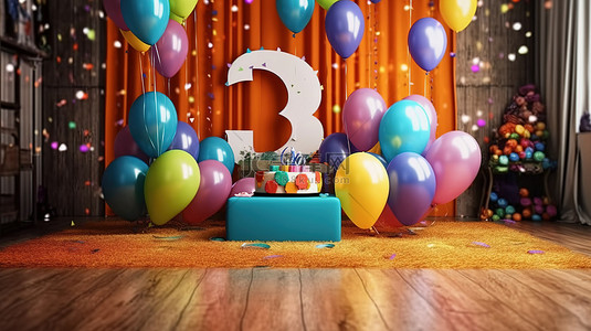 充满活力的气球背景为快乐的三岁生日庆祝活动 3d 渲染
