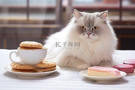 一只猫站在一杯咖啡和几块糕点旁边