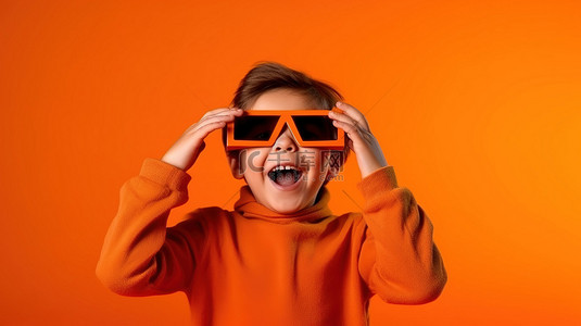 1 戴着 3D 电影眼镜的孩子摆出一个搞笑的姿势，他双手合十，同时透过它们往外看