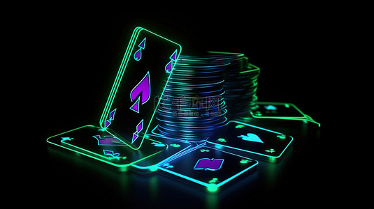 霓虹网红打卡背景图片_黑色背景上发光霓虹灯的 3D 插图，包括二十一点和扑克赌场卡