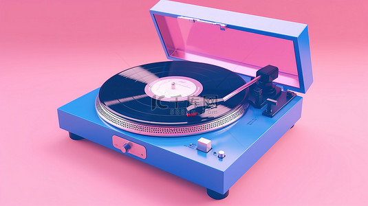 玩大转盘背景图片_粉红色背景与双色调风格 3D 渲染蓝色 DJ 转盘播放黑胶唱片