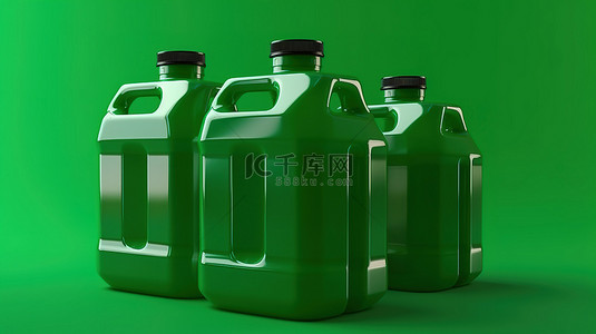 化石油工业背景图片_纯绿色背景上绿色塑料加仑容器的 3D 渲染，没有标签
