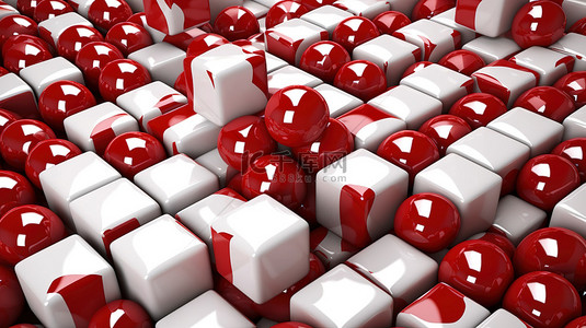 抽象 3D 背景，具有光滑的红色和白色立方体和球体