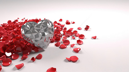 情人节 3D 渲染白色背景，红色心形钻石和分散的玫瑰花瓣