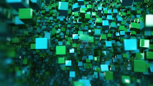 绿色和蓝色飞行马特立方体的 3D 渲染背景，用于科技公司的人工智能数据保护概念
