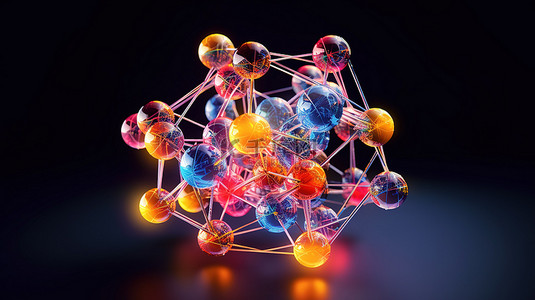 玻璃和水晶抽象原子或分子结构的 3D 插图