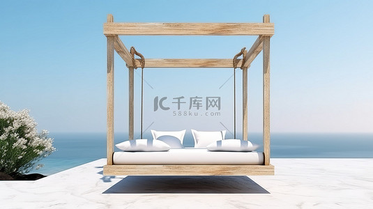 3D 渲染中海滨露台上令人惊叹的悬浮床
