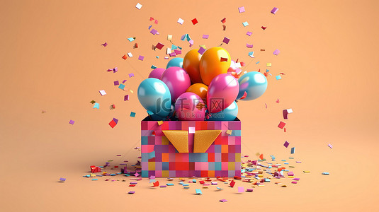 红色惊喜礼物背景图片_用气球和五彩纸屑打开节日礼物的 3D 渲染插图庆祝贺卡的想法