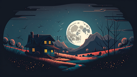 月色夜晚月亮星空扁平风格插画背景图