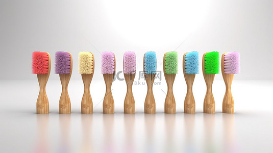 牙齿牙刷背景图片_充满活力的竹牙刷由木头制成，展示在 3D 渲染的原始白色背景上