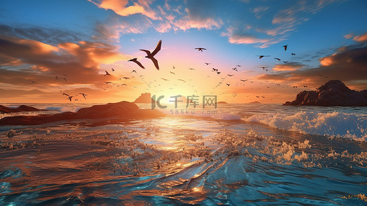 鸟类背景图片_迷人的沿海火山景观在辐射的日落天空下与翱翔的鸟类和温柔的波浪 3D 插图