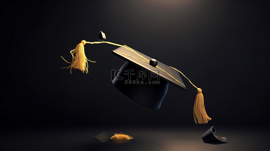 毕业帽在空中翱翔的 3d 渲染图，象征着毕业庆典