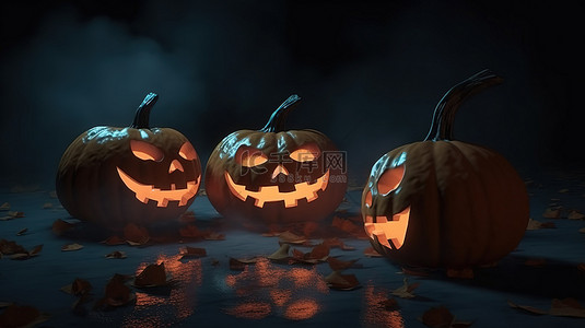 万圣节幽灵在夜空下释放快乐南瓜的怪异 3D 插图