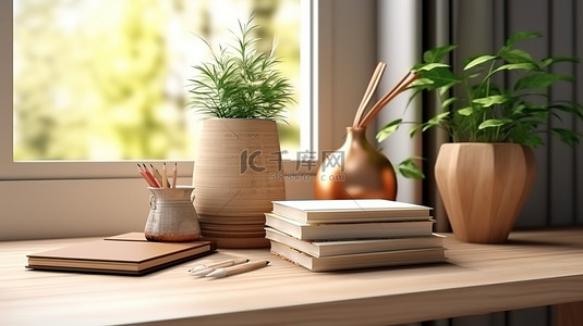 学习背景图片_舒适的工作区木桌装饰着文具书籍植物和用于 3D 渲染的复制空间