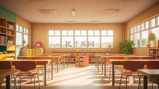 开题报告背景图片_校园里空荡荡的教室，3D 渲染中的回到学校场景
