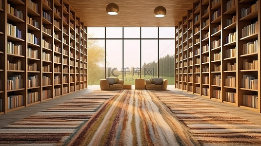 以木制书柜和地毯为特色的现代图书馆设计中深场效应的 3D 渲染