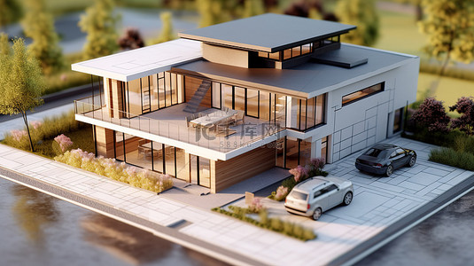 住宅建筑模型 3d 呈现在蓝图背景