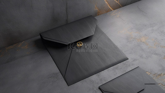 邀请函设计背景图片_混凝土地板上带有金色邀请函的开放黑色信封的 3D 渲染