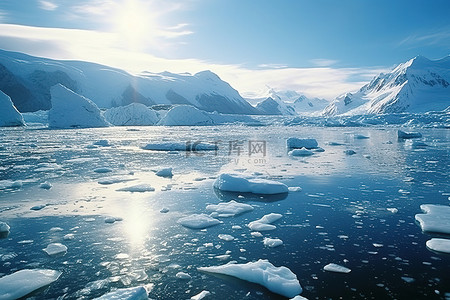 古风山海背景图片_山附近水面上的冰川