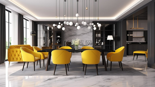 豪华经典装饰与现代餐厅和客厅在 3D 渲染空间中相遇，配有充满活力的黄色扶手椅