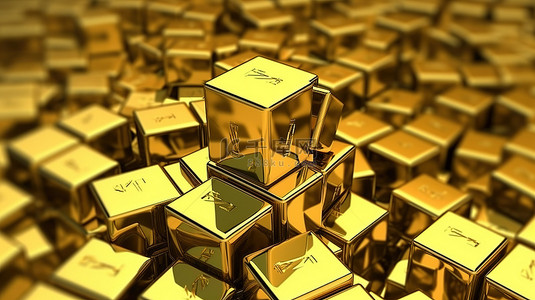 商业概念的货币符号和金色立方体的 3D 渲染