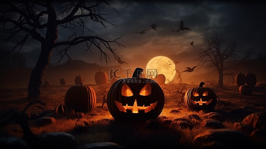 派对剪影背景图片_幽灵般的万圣节横幅满月夜在墓地与杰克灯笼 3D 插图
