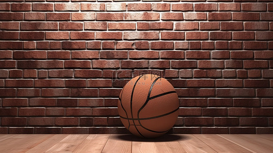 砖墙上的木制篮球 3D 渲染