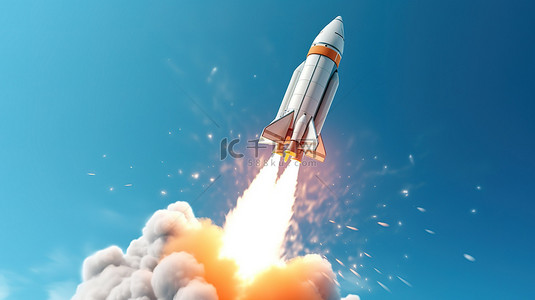 火箭发射台卡通背景图片_蓝色背景下发射火箭的 3D 渲染