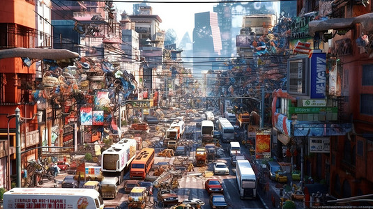 城市丛林中的混乱 3D 呈现繁忙市中心的概念