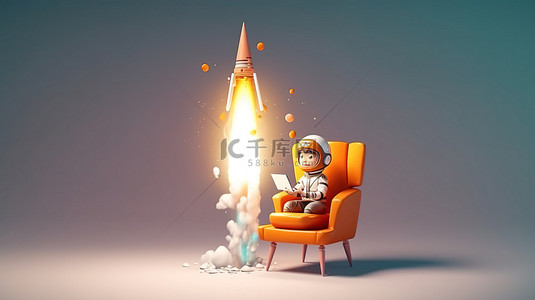 卡通形象设计背景图片_卡通人物点燃火箭 3D 创新和创业概念的有趣表现