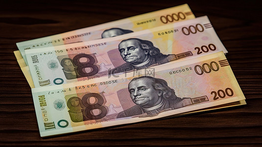 木质背景上的 3d 200 20 和 20 雷亚尔巴西货币