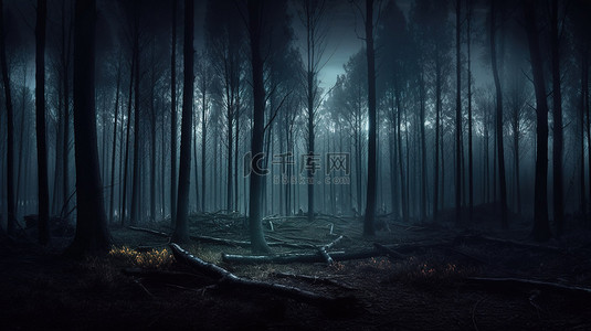夜间迷雾森林中黑暗树干的 3D 插图