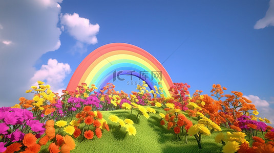 异想天开的 3d 卡通天空，彩虹和盛开的花朵