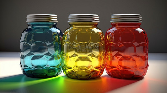带有不同形状盖子的彩色透明玻璃罐的生动 3D 渲染