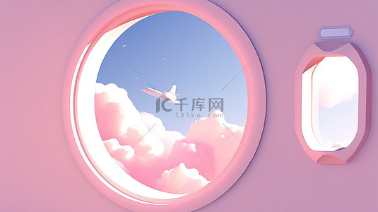 简约的粉红色飞机窗，天空中有 3d 平面