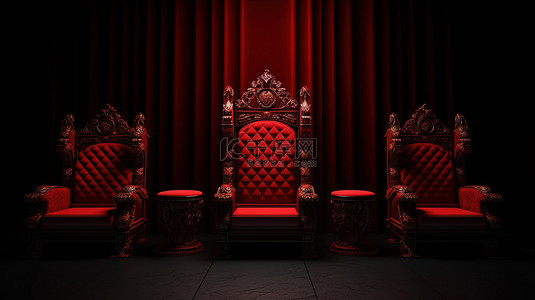 首席执行官背景图片_当代红色皇家宝座和扶手椅在 3D 渲染中象征着黑色背景的领导力