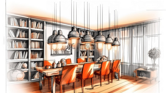 书柜书房背景图片_用 3D 书柜和吊灯的草图照亮您的餐厅