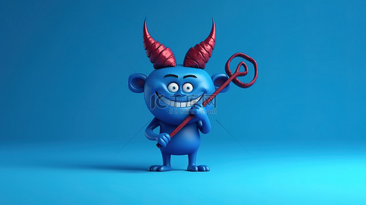 恶魔角背景图片_蓝色背景上有干草叉角和尾巴的卡通怪物，象征着邪恶的爱情