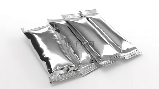 薯片袋背景图片_用于定制包装设计的银色金属饰面小糖果箔包装的 3D 插图
