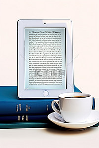 电子阅读器背景图片_电子阅读器和成堆的书旁边放着一杯咖啡