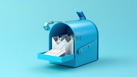 蓝色背景开放邮箱的 3D 插图，用于具有充足复制空间的信件