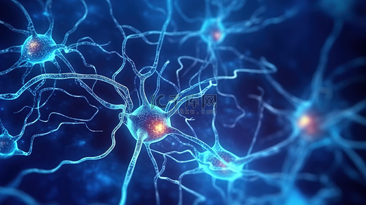 蓝色背景 3D 渲染突触在头部内进行神经元信号传输