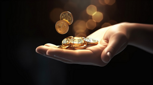 现金背景图片_概念 3D 渲染手持金币，用于在线支付和省钱