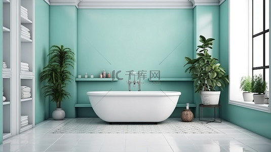 带浴缸和墙壁的白色瓷砖地板薄荷浴室的 3D 渲染