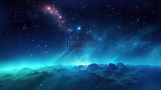 星空星蓝色背景图片_明亮的夜空和耀眼的蓝色星系水平横幅上有银河系及更远的 3D 插图