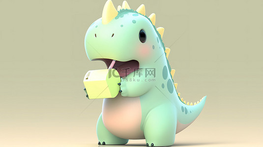 霸王龙可爱背景图片_有趣的 3D 恐龙卡通拿着一盒牛奶