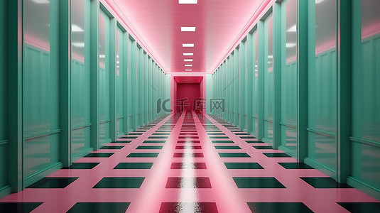 3d 中的现代粉色走廊和绿松石方格地板