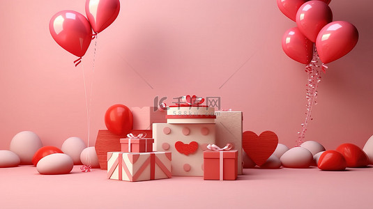 情人节礼物展示用气球和礼品盒 3D 渲染表达您的爱